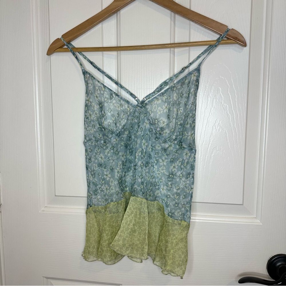 Y2K Victoria’s Secret Blue Green Floral Racerback Lettuce Trim Cami Top M Fairy